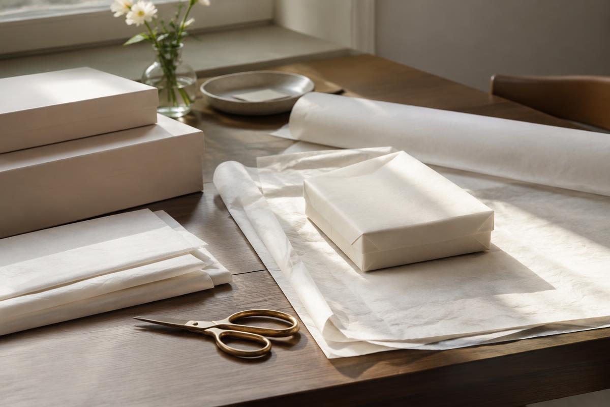 Packing table with tissue paper, boxes and brass scissors